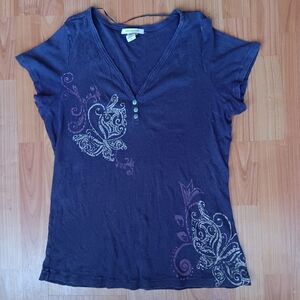 Covington Y2K Fitted Ribbed Knit Henley Top Size L Purple Acid Novelty Preppy